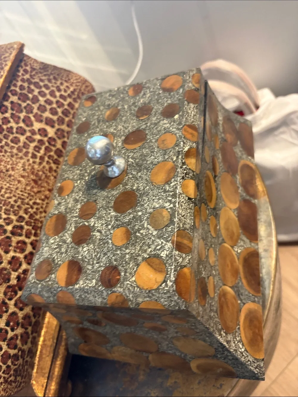Decorative Wooden Inlay Trinket Box - Silver and Natural Wood